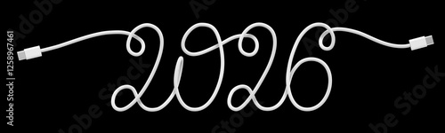 Handwritten inscription 2026 made from white USB-C cable. Stylish calligraphy from wire with Type-C connectors. 3D rendering