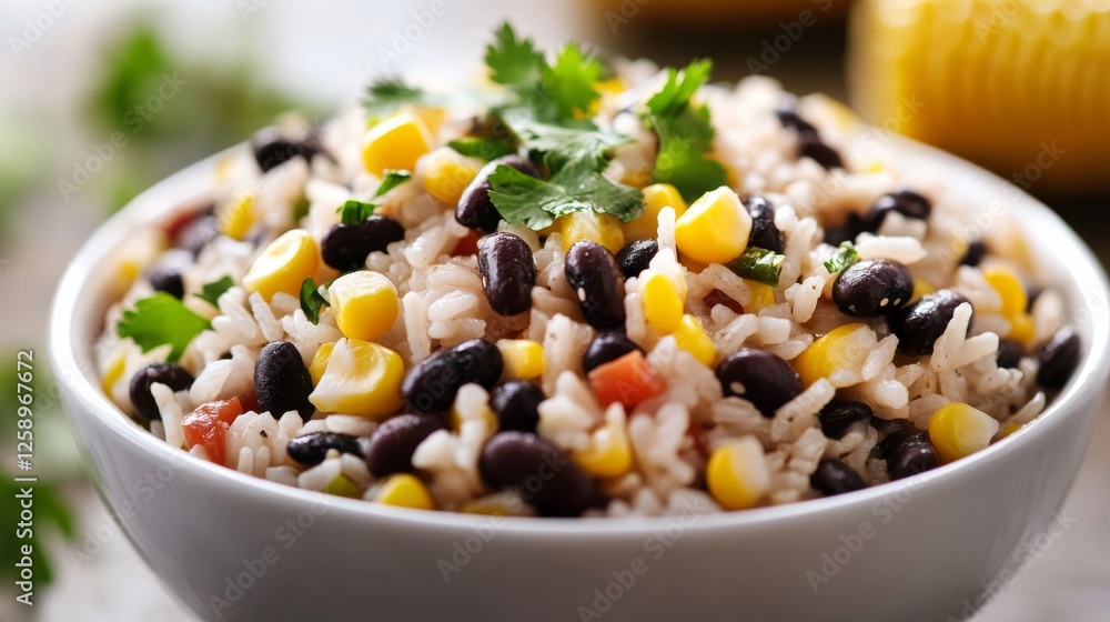 Close-up of a bowl of rice with black beans and corn on a modern white plate, highlighting a healthy and colorful vegetarian meal. Ideal for health-focused recipes and food blogs. Close-up of a bowl of rice with black beans and corn on a modern white plate, highlighting a healthy and colorful vegetarian meal. Ideal for health-focused recipes and food blogs.