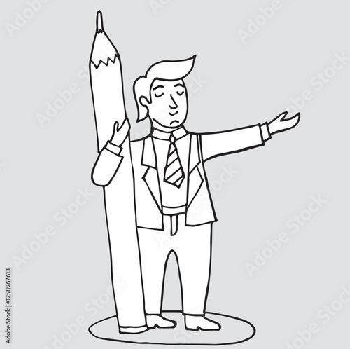 man with pencil, big pencil, funny man in suit holding pencil