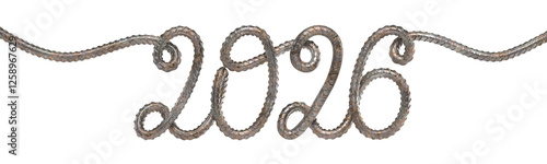 2026 year bent from steel rod of rusty reinforcement in handwritten style. Concept of construction, metallurgical industry, New Year. 3D rendering