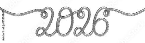 Handwritten inscription 2026 curved from steel reinforcement rod. Concept of construction, metallurgical industry, New Year. 3D rendering
