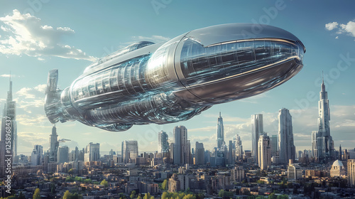 Fototapeta Naklejka Na Ścianę i Meble -  A futuristic city with a large, metallic, segmented, serpentine spaceship overhead. Serpentine Cities. Illustration