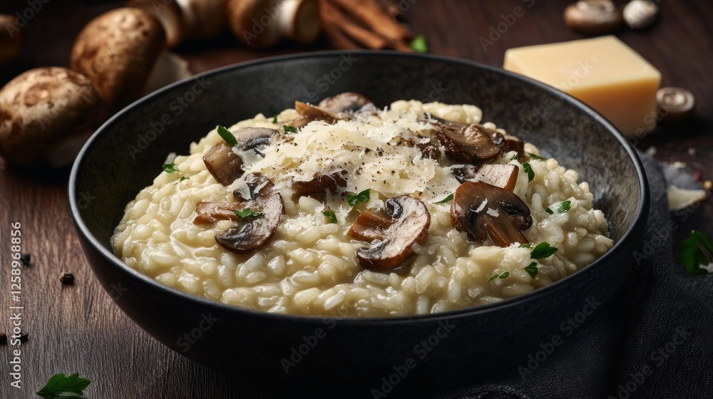 Close-up of a bowl of risotto with mushrooms and Parmesan cheese on a dark wooden table, showcasing the creamy texture and rich flavor. Ideal for gourmet cooking and restaurant menus. Close-up of a bowl of risotto with mushrooms and Parmesan cheese on a dark wooden table, showcasing the creamy texture and rich flavor. Ideal for gourmet cooking and restaurant menus.