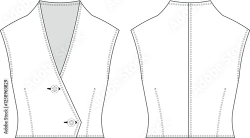 collarless sleevless tailored darted short cropped crop vest waistcoat template technical drawing flat sketch cad mockup fashion woman design style model 
