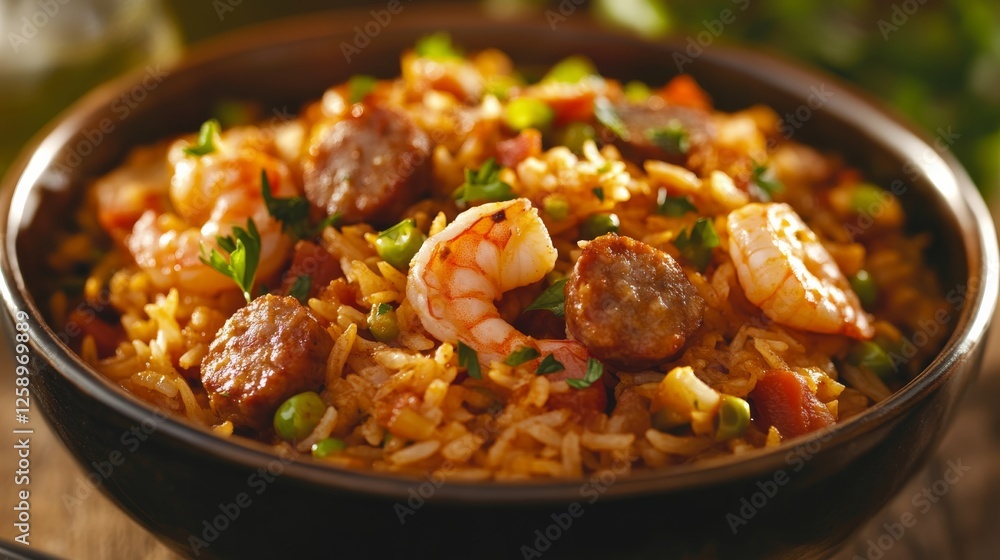 Close-up of rice and American jambalaya with sausage and shrimp in a traditional American serving bowl, emphasizing spicy and hearty qualities. Ideal for American cuisine and hearty meals. Close-up of rice and American jambalaya with sausage and shrimp in a traditional American serving bowl, emphasizing spicy and hearty qualities. Ideal for American cuisine and hearty meals.