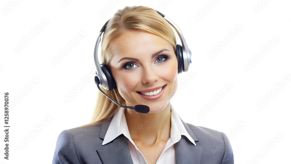 Young business woman telephone operator hotline worker customer support service manager with headset isolated on a white background copy space. Call center concept Young business woman telephone operator hotline worker customer support service manager with headset isolated on a white background copy space. Call center concept