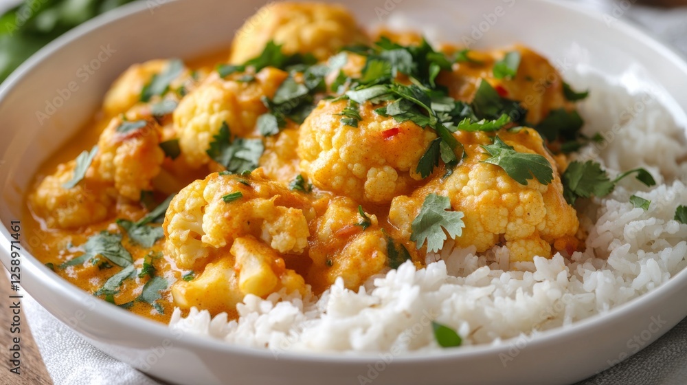 Close-up of rice and cauliflower curry with coconut milk and cilantro in a white bowl, emphasizing creamy and aromatic nature. Ideal for vegetarian meals and exotic flavors. Close-up of rice and cauliflower curry with coconut milk and cilantro in a white bowl, emphasizing creamy and aromatic nature. Ideal for vegetarian meals and exotic flavors.