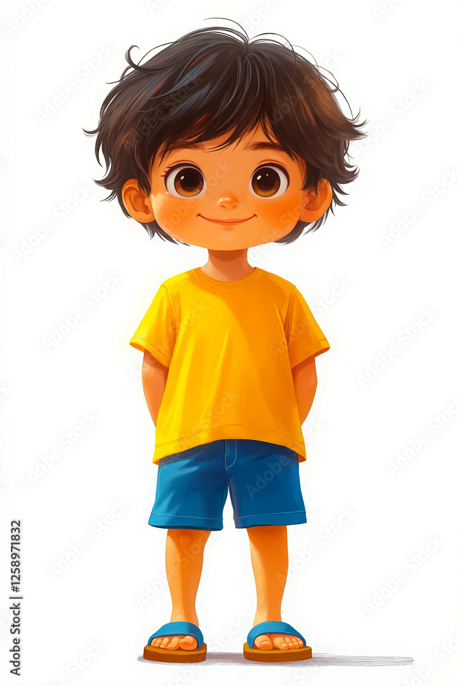 A cartoon boy in a yellow shirt and blue shorts A cartoon boy in a yellow shirt and blue shorts