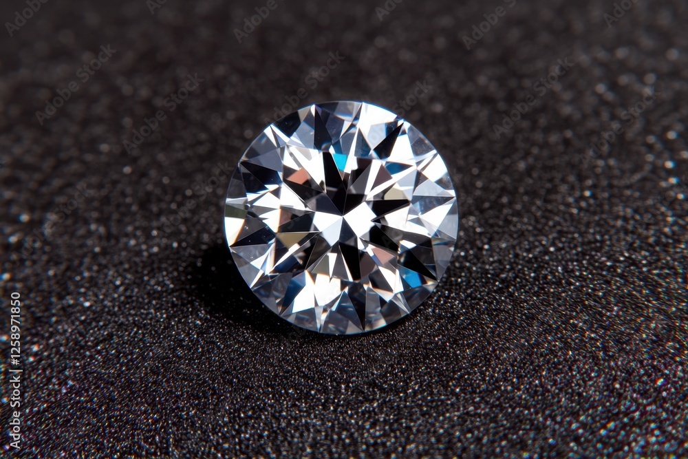 Sparkling round diamond resting on a dark textured surface Sparkling round diamond resting on a dark textured surface