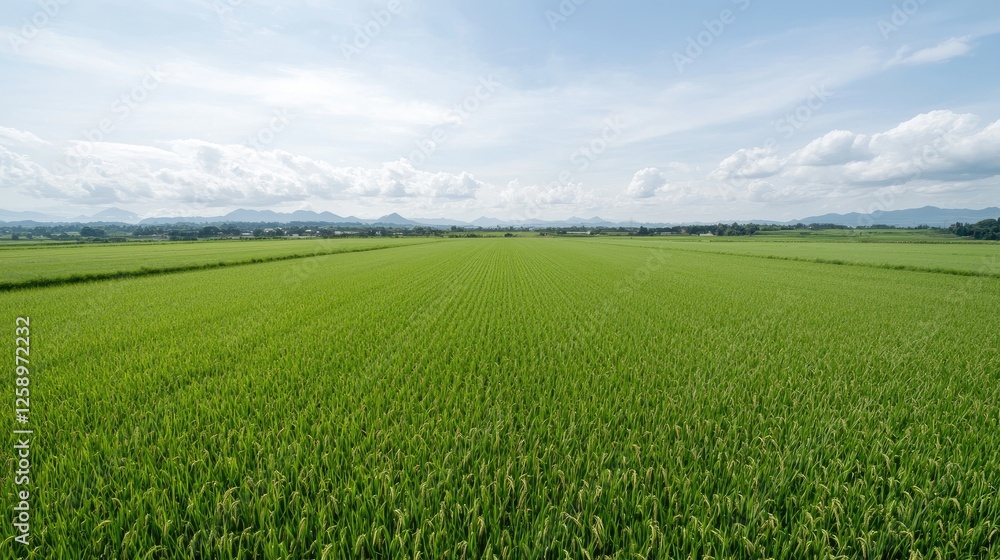 Lush green rice paddy field under a partly cloudy sky; agriculture, rural landscape, background image Lush green rice paddy field under a partly cloudy sky; agriculture, rural landscape, background image
