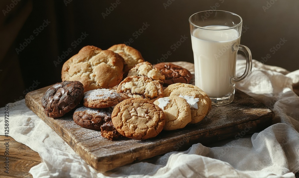 A rustic cutting board with an assortment of freshly baked cookies, paired with a glass of milk for a classic snack moment A rustic cutting board with an assortment of freshly baked cookies, paired with a glass of milk for a classic snack moment