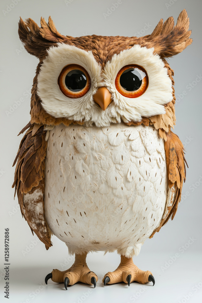 Obraz premium A brown and white owl with big eyes standing on a white surface