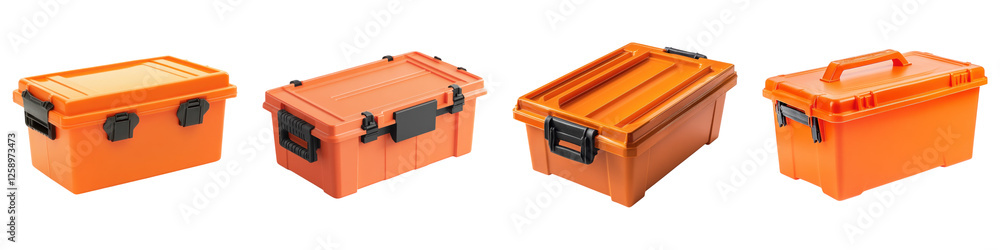 Orange plastic tool box isolated on transparent background ,PNG, set of Orange plastic tool box isolated on transparent background ,PNG, set of