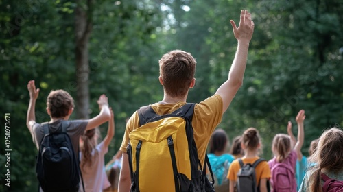 A group of people are hiking in the woods and one of them is waving photo