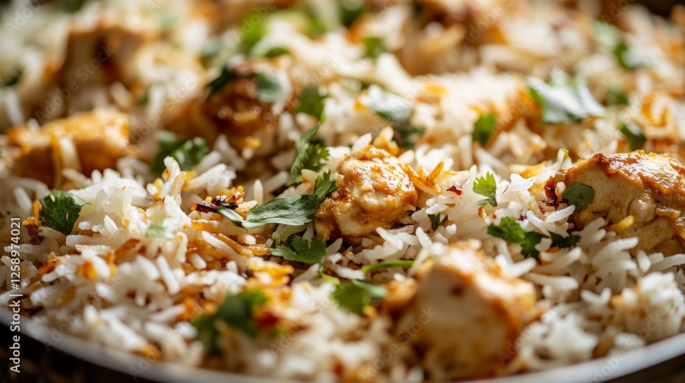 Close-up of rice and Indian biryani with chicken and spices in a traditional Indian biryani pot, emphasizing rich and aromatic qualities. Ideal for Indian cuisine and flavorful dishes. Close-up of rice and Indian biryani with chicken and spices in a traditional Indian biryani pot, emphasizing rich and aromatic qualities. Ideal for Indian cuisine and flavorful dishes.