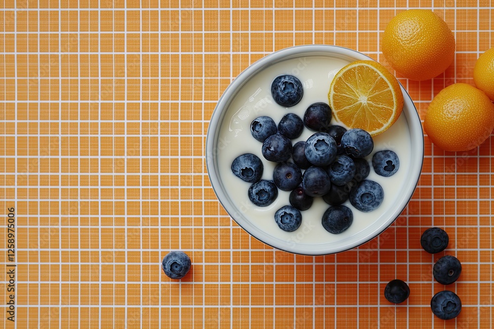 Bowls containing yogurt and berries, accompanied by a spoon and a towel on a white and yellow background, with space left for text