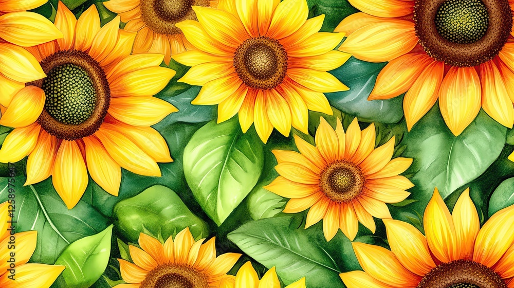 Obraz premium Seamless pattern of bright and cheerful sunflowers with soft watercolor shading and cartoon-style outlines, bright cheerful floral designs for nature lovers and fabric prints
