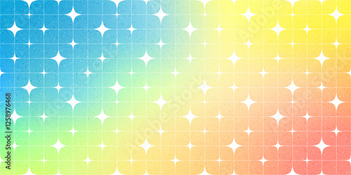 Y2K Background with Gradient, Noise and Sparkling Star Pattern. Abstract Vector Geometric Bg. Magic Star Shapes on a Rainbow Colored Gradient Sky