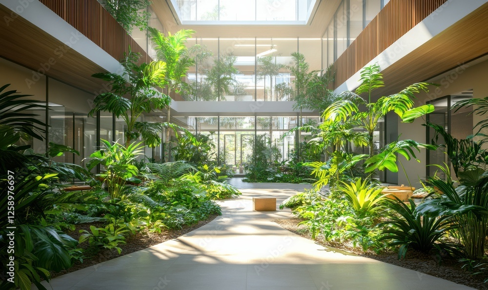 A lush indoor garden surrounded by natural sunlight in a modern office space, offering tranquility and sustainable design. A lush indoor garden surrounded by natural sunlight in a modern office space, offering tranquility and sustainable design.