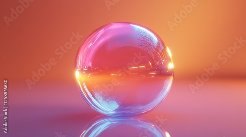 A translucent sphere reflects a vibrant sunset scene