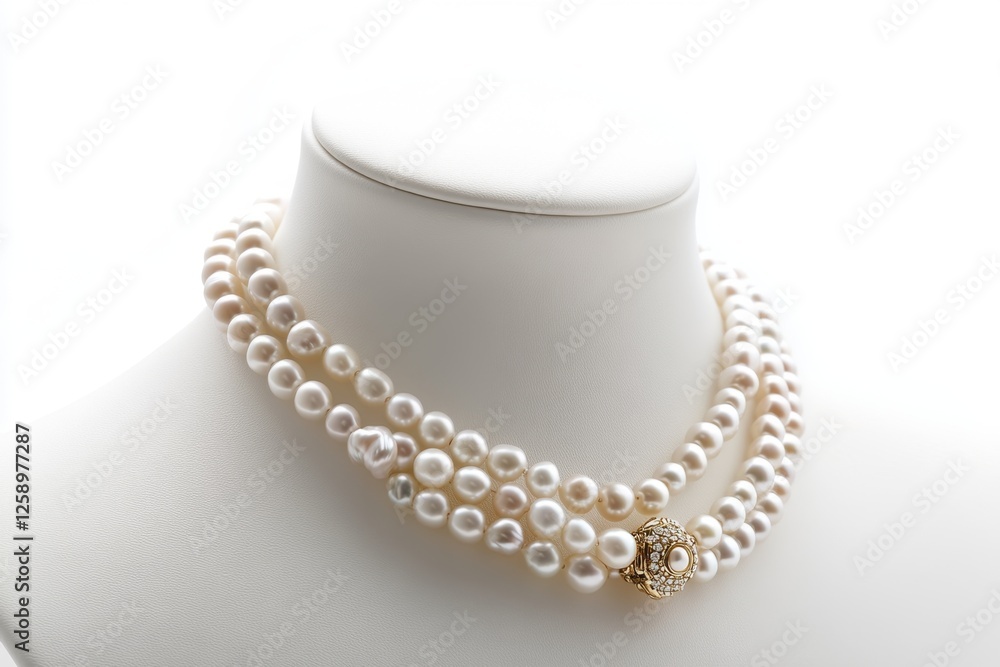 Pearl necklace display, studio, white background, close-up