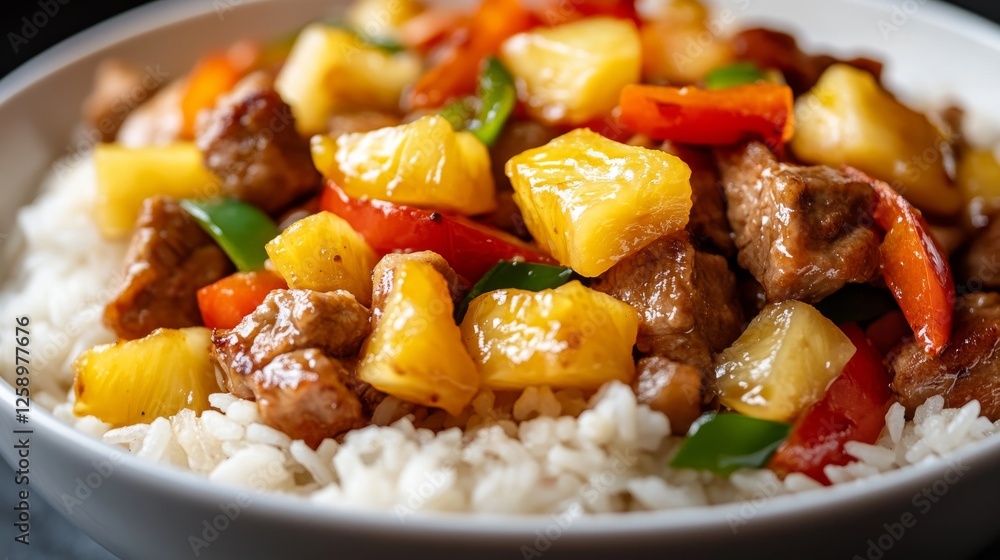 Close-up of rice and pork and pineapple stir-fry with bell peppers in a white bowl, emphasizing sweet and savory flavors. Ideal for tropical and fusion cuisine. Close-up of rice and pork and pineapple stir-fry with bell peppers in a white bowl, emphasizing sweet and savory flavors. Ideal for tropical and fusion cuisine.