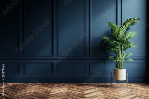Dark blue wall, plant, wood floor, sunlight, interior design