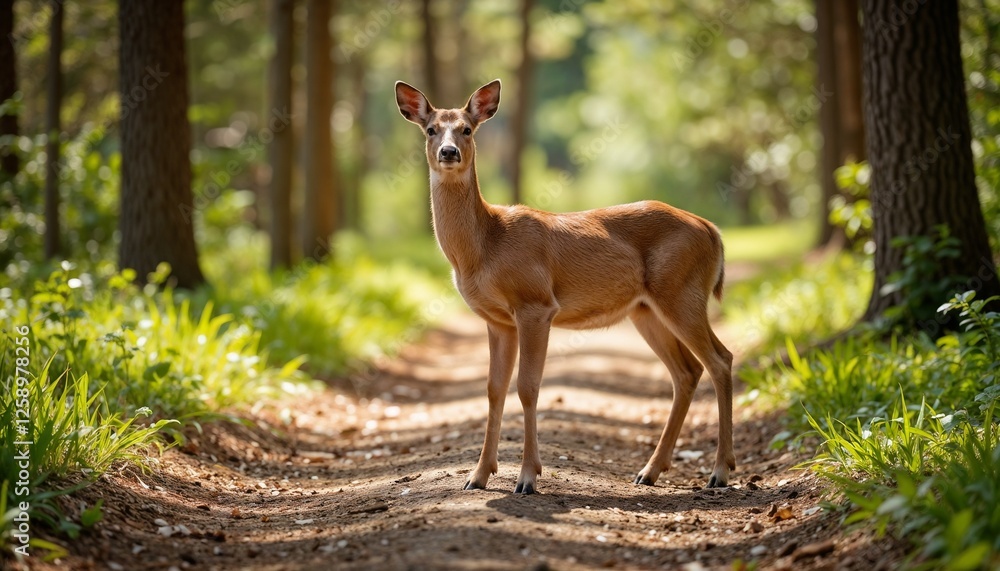 Deer standing on woodland trail surrounded by lush greenery Deer standing on woodland trail surrounded by lush greenery