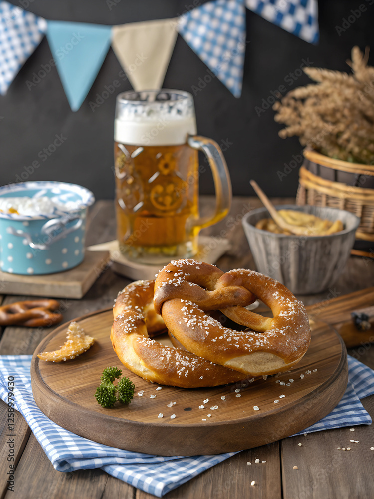 Delicious pretzel with beer and snacks on wooden table, Oktoberfest Delicious pretzel with beer and snacks on wooden table, Oktoberfest
