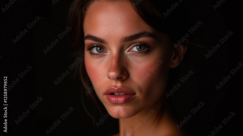 Fototapeta premium The image showcases a woman with a serene expression, set against a dark background.