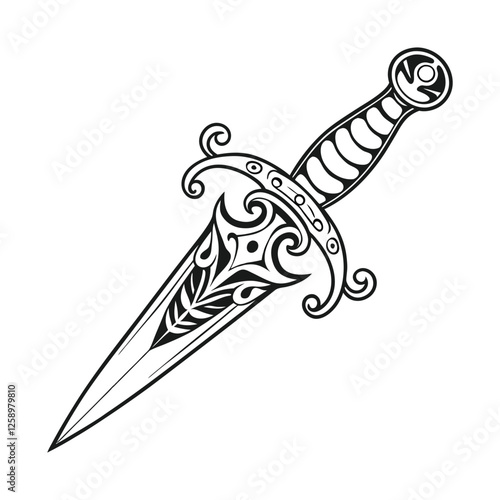 Ornate dagger illustration black and white illustration, vintage style, tatto design, detailed vector design isolated on a white background