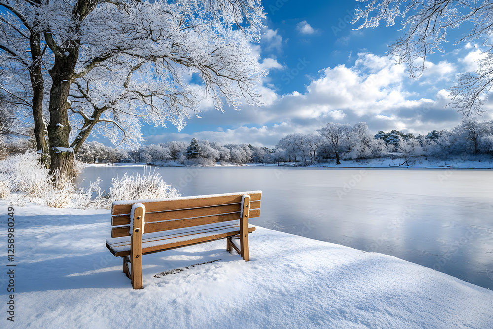 Serene Winter Landscape with Snowy Trees and Frozen Lake Peaceful park bench scene