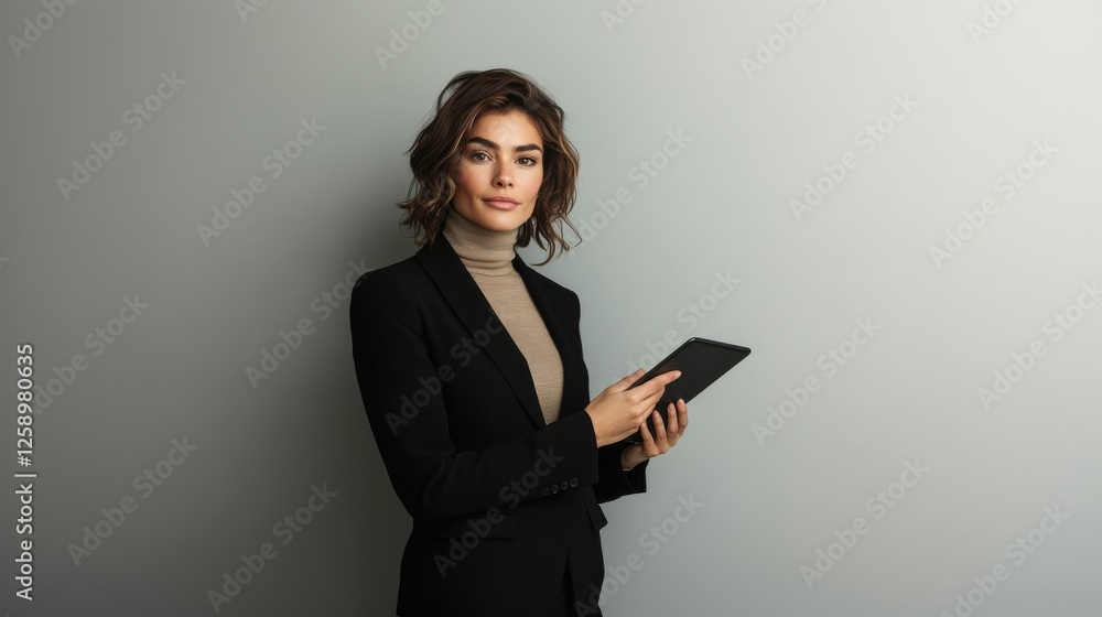 Confident businesswoman holding digital tablet, posing in studio, wearing formal black suit and beige turtleneck, representing modern business and technology Confident businesswoman holding digital tablet, posing in studio, wearing formal black suit and beige turtleneck, representing modern business and technology