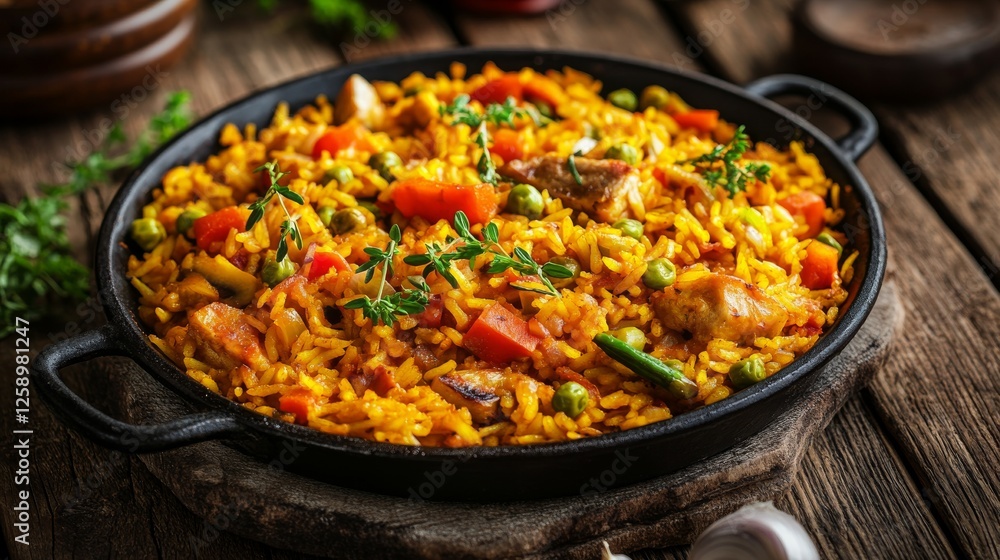 Close-up of rice and vegetable paella with saffron on a rustic wooden table, emphasizing vibrant colors and rich flavors. Ideal for Spanish cuisine and festive meals. Close-up of rice and vegetable paella with saffron on a rustic wooden table, emphasizing vibrant colors and rich flavors. Ideal for Spanish cuisine and festive meals.