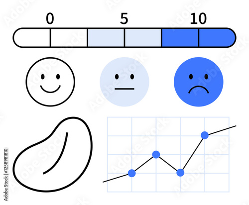 Three happy faces, satisfaction bar scale 010, line graph with data points, and abstract shape. Ideal for feedback evaluation, analytics, emotions, survey, metrics performance abstract line flat