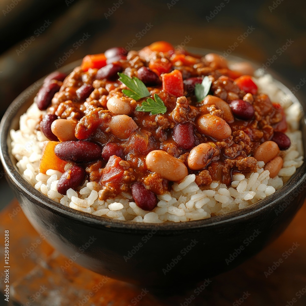 Close-up of a rice bowl with American chili and beans. Featuring a hearty and spicy dish. Highlighting the texture and flavors of the chili. Ideal for food and comfort themes. Close-up of a rice bowl with American chili and beans. Featuring a hearty and spicy dish. Highlighting the texture and flavors of the chili. Ideal for food and comfort themes.