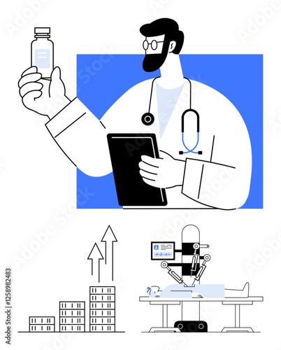 Doctor holding vial and tablet, robotic surgical device in action, ascending bar graph. Ideal for medical research, innovation, technology, healthcare industry, growth, robotics and abstract line