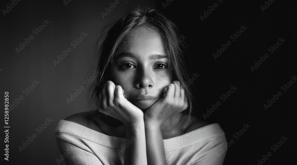 Generated image of a young woman in black and white, resting her face in her hands with a pensive, tired expression. The portrait captures themes of stress, contemplation, and emotional fatigue. Generated image of a young woman in black and white, resting her face in her hands with a pensive, tired expression. The portrait captures themes of stress, contemplation, and emotional fatigue.