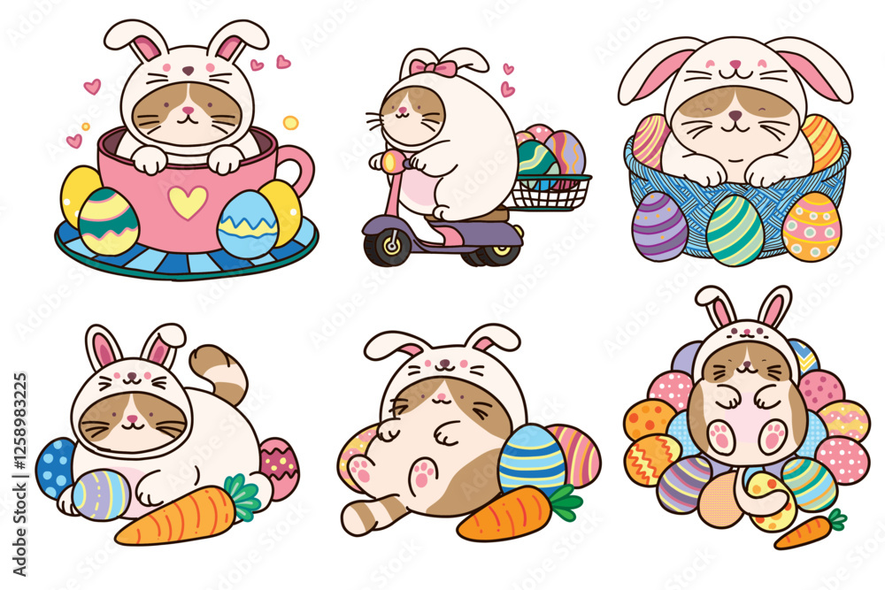 Obraz premium Cute Cartoon Bunnies with Easter Eggs in Various Fun Activities