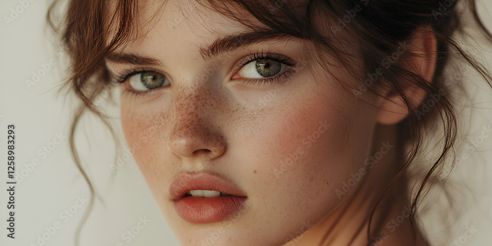 Close-Up of Gorgeous Woman with Sharp Facial Features and Intense Expression Close-Up of Gorgeous Woman with Sharp Facial Features and Intense Expression