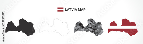 Detailed Latvia Map Collection with Outline, Silhouette, Regions, and Flag Overlay Variations