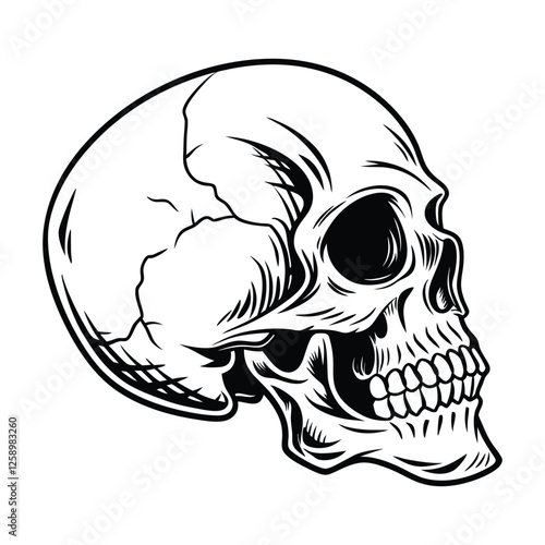 Human skull vector illustration black and white, tatto design concept, detailed vector design isolated on a white background