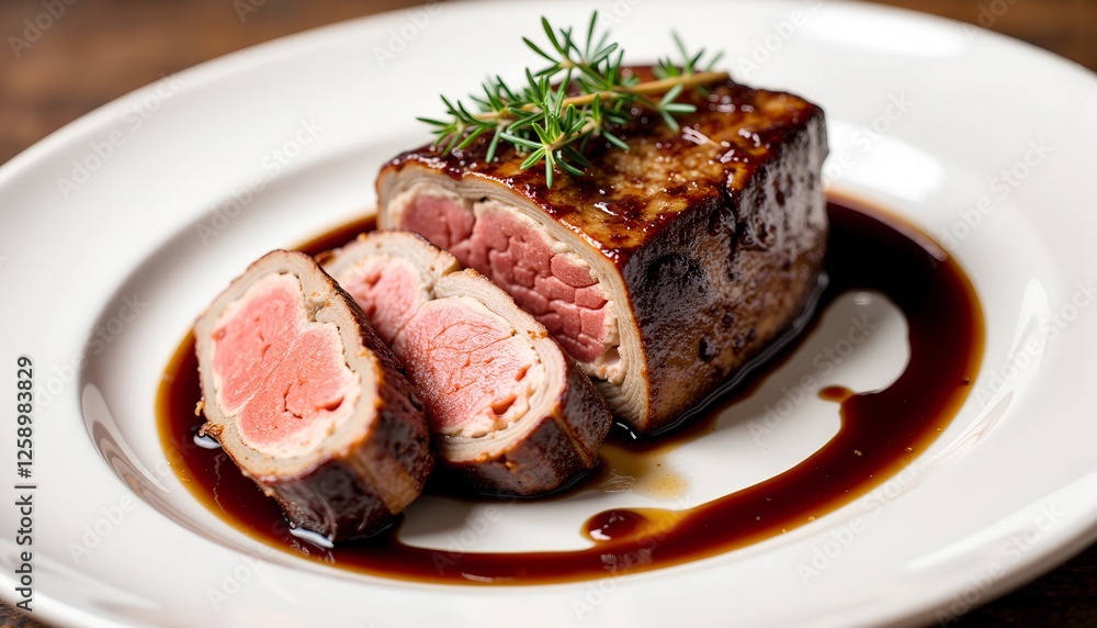 Seared lamb loin with balsamic reduction, elegant gourmet dining. Seared lamb loin with balsamic reduction, elegant gourmet dining.