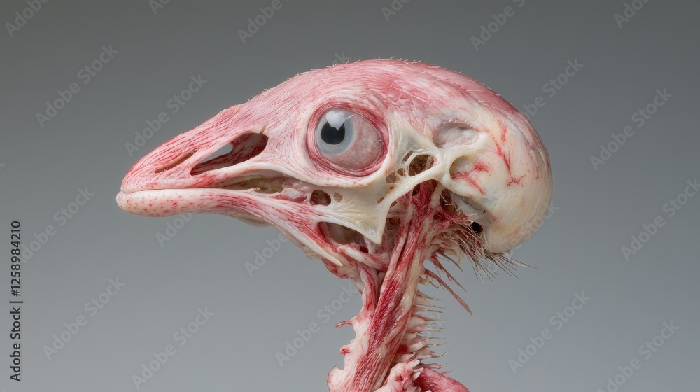 Anatomical Study of Chicken Head, Gray Background, Educational Purpose Anatomical Study of Chicken Head, Gray Background, Educational Purpose