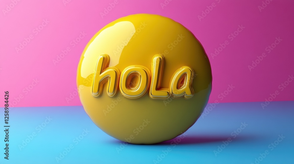 a 3D yellow icon of a chat bubble with the text HOLA inside, on a pink blue solid background a 3D yellow icon of a chat bubble with the text HOLA inside, on a pink blue solid background
