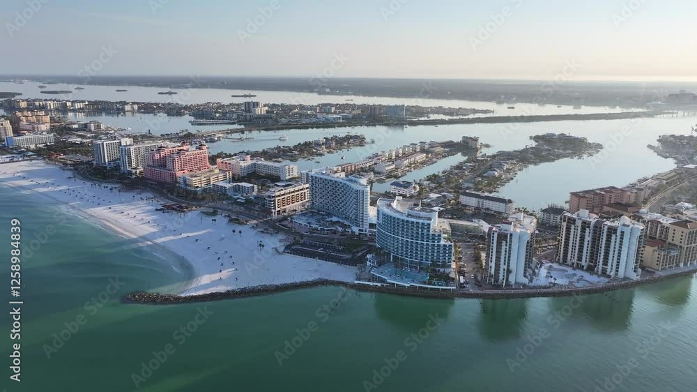 Clearwater Beach At Clearwater Florida United States. Modern City Center With Skyscrapers Reflecting The Urban Life. Sunset City Seaside. Coast Outdoor Panorama Landscape. Clearwater Florida.