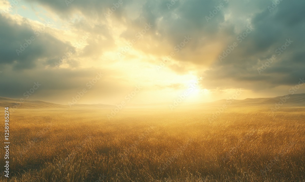 Dramatic storm clouds rolling over an open field, with golden sunlight piercing through in a breathtaking display. Dramatic storm clouds rolling over an open field, with golden sunlight piercing through in a breathtaking display.