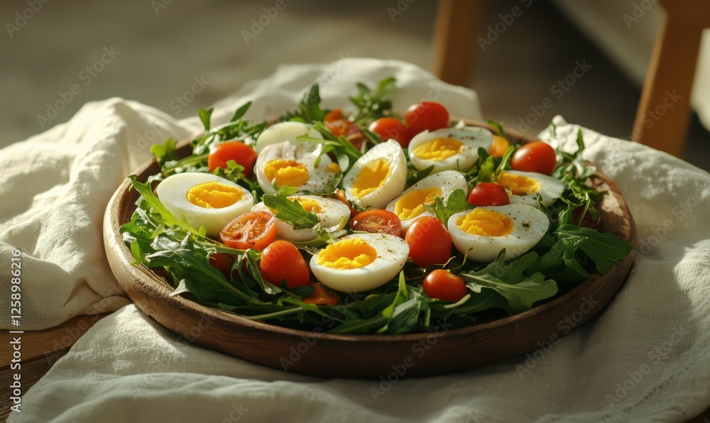 Fresh and colorful salad with soft-boiled eggs, greens, and cherry tomatoes on a wooden plate, placed on a textured linen cloth with natural light Fresh and colorful salad with soft-boiled eggs, greens, and cherry tomatoes on a wooden plate, placed on a textured linen cloth with natural light