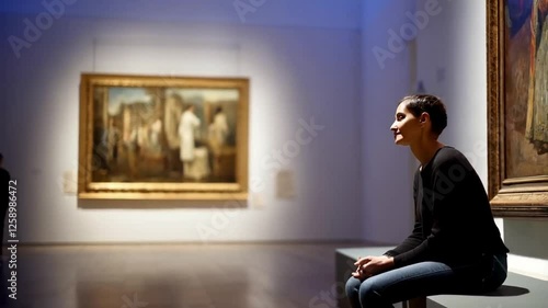 A visitor seated in an art gallery, quietly admiring a famous painting. 