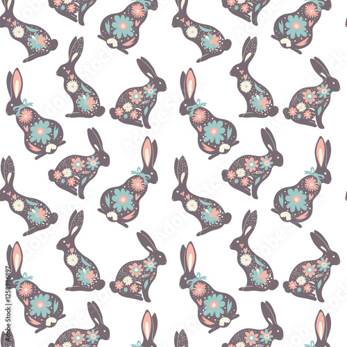 Pattern Floral illustration of a dark brown rabbit, created for Easter. The body of the rabbit is beautifully decorated with many bright, colorful flowers, isolated on a white background, vector